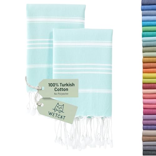 WETCAT Turkish Hand Towels with Hanging Loop, Set of 2 (20" x 30") 100% Turkish Cotton, Pre-Washed, Quick Drying, for Kitchen or Bathroom - Aqua - color: Aqua