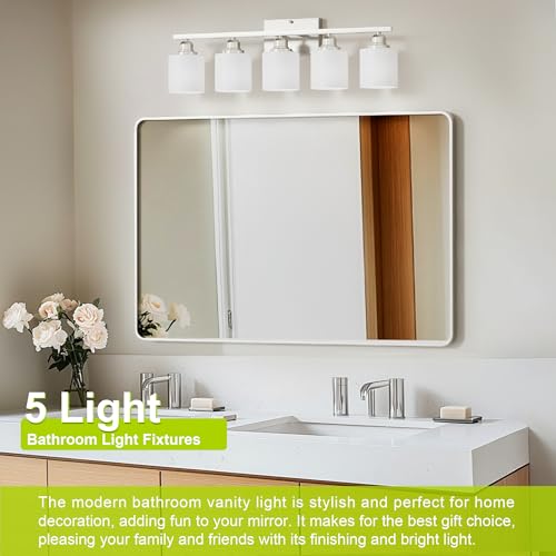 5-Light Bathroom Light Fixture, Brushed Nickel Vanity Lights Over Mirror, Anti-Rust, White Glass Shades, E26 Base, Bulb Not Included - color: Brushed Nickel-5 Light
