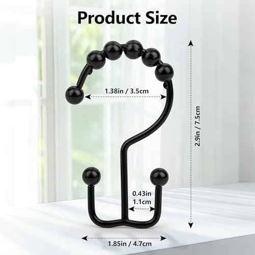 Resze 12 Pcs Shower Curtain Hooks, Metal Double Shower Curtain Rings,Black | Glide Roller Shower Hooks, Rust-Resistant Anti-Drop Shower Rings, Smooth Sliding Hooks for Bathroom Shower Rods Curtains - color: Black