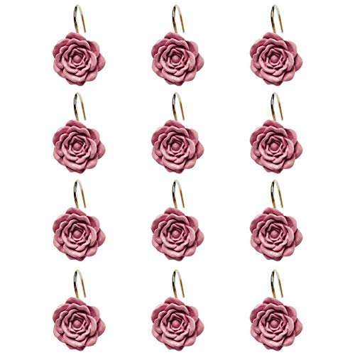 Twofishes Pink Rose Shower Curtain Hooks Set of 12 Pink Rose Flower Shower Rings Pack of 12
