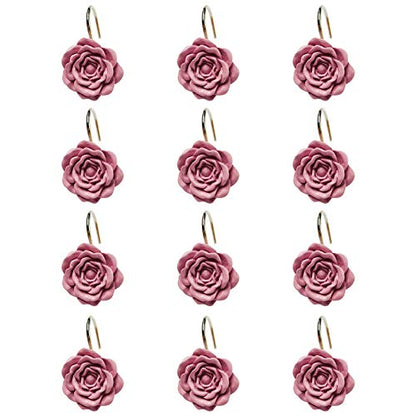 Twofishes Pink Rose Shower Curtain Hooks Set of 12 Pink Rose Flower Shower Rings Pack of 12