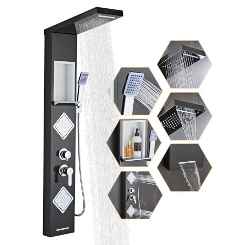 Shower Panel Tower System with Storage- Brushed Black | 304 Stainless Steel 5-Function Shower Panel Faucet Set with Powerful Body Jets, Rainfall, Waterfall,Handheld and Tub Spout - color: Brushed Black