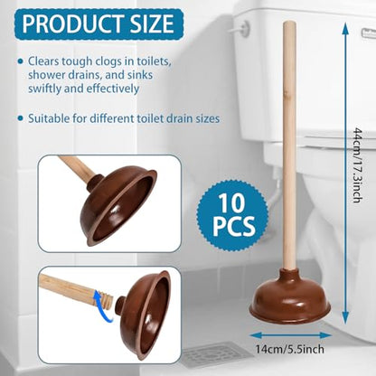 10 Pcs Toilet Plungers with 18 Inch Long Wooden Handle Heavy-duty Design, Strong Force Suction Cup Rubber Plunger for Bathroom, Fix Clogged Toilets, Drains, and Sinks (Brown)
