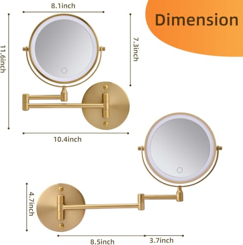 Wall Mounted Makeup Mirror with Lights, 8" Rechargeable 1X/10X Magnifying Mirror, 360° Swivel Extendable Arm, 3 Color LED (1, Gold) - color: Gold