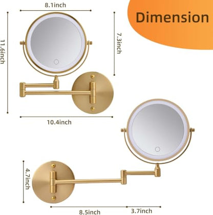 Wall Mounted Makeup Mirror with Lights, 8" Rechargeable 1X/10X Magnifying Mirror, 360° Swivel Extendable Arm, 3 Color LED (1, Gold) - color: Gold
