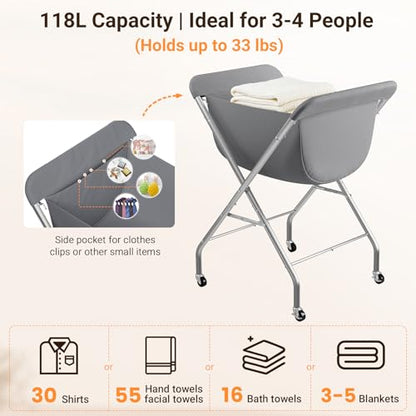 ELYKEN Laundry Basket with Wheels, Collapsible Laundry Hamper, Gray | Removable Liner Bag, Foldable Design, 118L Capacity, Sturdy Metal Frame, 4 Casters, Laundry Cart for Bedroom, Laundry Room - color: Gray, size: 25.6"L x 22"W x 33"H