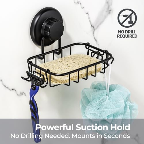 HASKO 2 Pack Suction Cup Soap Dish for Shower Wall, Rustproof Stainless Steel, Shower Soap Holder with Hooks, Includes Optional No Drill Adhesive Mount for Bathroom, 2 Soap Savers, Black - color: Black (2 Pack)