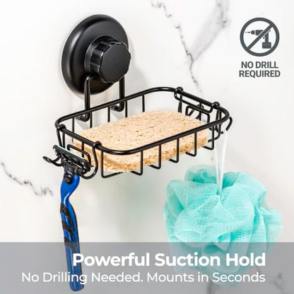 HASKO 2 Pack Suction Cup Soap Dish for Shower Wall, Rustproof Stainless Steel, Shower Soap Holder with Hooks, Includes Optional No Drill Adhesive Mount for Bathroom, 2 Soap Savers, Black - color: Black (2 Pack)