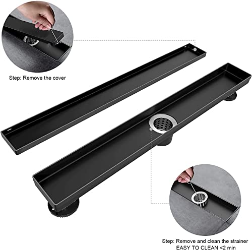 EXF Linear Shower Drain 18 Inch Matte Black with Reversible Flat & Tile Insert Cover, Stainless Steel Rectangle Shower Floor Drain with Hair Catcher, Adjustable Feet - color: Matte Black, size: 18 IN