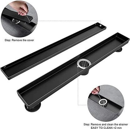 EXF Linear Shower Drain 28 Inch Matte Black with Tilebale Grate | 304 Stainless Steel, V-Slope Design, Debris Strainer, Seamless, Adjustable Height - color: Matte Black, size: 28 IN