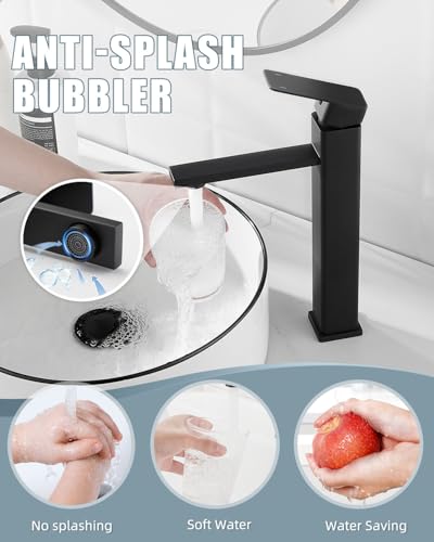 Bathroom Faucets, Matte Black Bathroom Faucet with Pop-up Drain and 2 Supply Hoses, Single Hole High Barrel Vanity Faucet for Vessel Sink, Single Handle Stainless Steel RV Faucet - color: 1.Matte Black, style: Tall