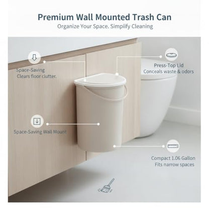 Wall Mounted Trash Can with Lid, 1.06 Gallon Space Saving Waste Bin for Bathroom Kitchen Cabinet Door, Compact PP Plastic Garbage Can