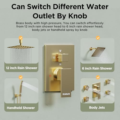 Shower Systems with 4 Body Spray Jets, STARBATH 4 Way 12+6" Rainfall Shower Head with Handheld Combo, Ceiling Mounted Shower Jets System in Wall Shower Faucet Sets Complete,Brushed Gold - color: Gold, size: 6"+12"-01