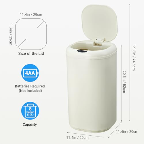 8 Gallon Smart Sensor Trash Can, Touchless Automatic Stainless Steel Waste Bin with Lid, 30L Capacity for Kitchen, Bathroom, Office, Sleek Beige Design, Energy-Efficient Operation