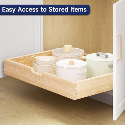Pull Out Cabinet Organizer, 28.5 in W x 21 in D Solid Wood Slide Out Drawer, Soft Close Sliding Shelf, Bottom or Side Mount for Kitchen Pantry Bathroom, Fits 29.5 in Cabinet Opening - size: 28½” W × 4"H x 21” D