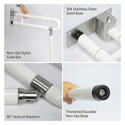 MYOYAY 24In Toilet Safety Rails Wall Mount Floor Support Foldable Toilet Grab Bar Handicap Grab Bars Rails Non-Slip Stainless Steel Flip Up Grab Bar Fluorescent Handrails for Seniors Disabled Pregnant
