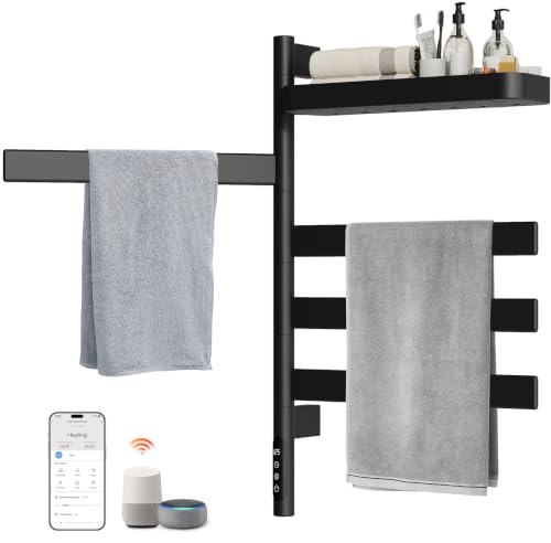 ENZE Smart Rotating Heated Towel Rack, 4-Bar, Matte Black | Wall-Mounted Electric Towel Warmer, Swivel Shelf, Wi-Fi App Control, 24H Timer, Stainless Steel - color: Black 17.72"x26.77"