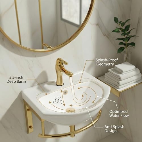 Renovators Supply Ridge 17 3/4 in. Wall Mount Bathroom Sink Combo Brass PVD | Grade A Vitreous China, Solid Brass Faucet, Pop Up Drain, Stainless Steel Towel Bar, Overflow - color: Brass