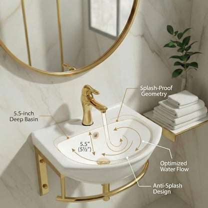Renovators Supply Ridge 17 3/4 in. Wall Mount Bathroom Sink Combo Brass PVD | Grade A Vitreous China, Solid Brass Faucet, Pop Up Drain, Stainless Steel Towel Bar, Overflow - color: Brass
