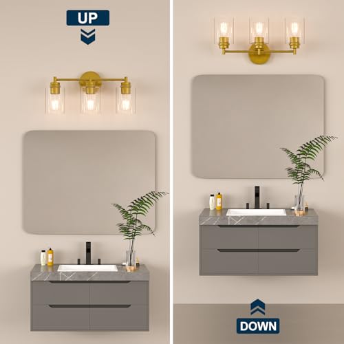 Bathroom Vanity Light Fixtures, 3-Light Brushed Gold Wall Sconce with Clear Glass, Modern Vanity Lights Over Mirror for Bathroom, Kitchen, Living Room, Mirror, E26 Base(Bulbs Not Included) - color: Gold 3 Lights