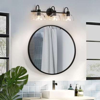 KSANA Black Bathroom Light Fixture, 3-Light Vanity Light with Large Opening Clear Glass Shade, Modern Farmhouse Wall Lamp Over Mirror - size: Dome Shade