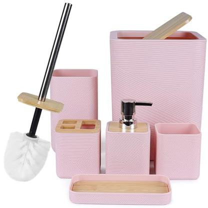CERBIOR Bamboo Bathroom Accessories Set 6 Piece Bath Ensemble（Pink） | Includes Soap Dispenser, Toothbrush Holder, Toothbrush Cup, Soap Dish for Decorative Countertop and Housewarming Gift (Pink) - size: Complete Set, style: Pink