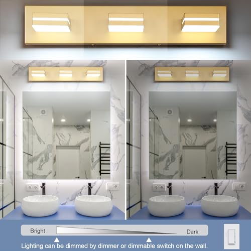 SineRise LED Modern Bathroom Vanity Light Fixtures, Modern Acrylic Bathroom Wall Lighting Fixtures Over Mirror, 3-Light, 24-Inch, Gold, 100%-0% White - color: Gold, 100%-0% White, size: 3-Light, 24-Inch