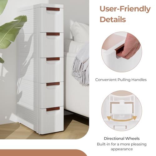 MAT EXPERT Narrow Storage Drawers, Slim Rolling Drawer Cart with Universal Wheels, Convenient Handles, Storage Organizer Utility Cart for Bedroom, Living Room, Bathroom, Kitchen (5 Drawer) - size: 5 Drawer