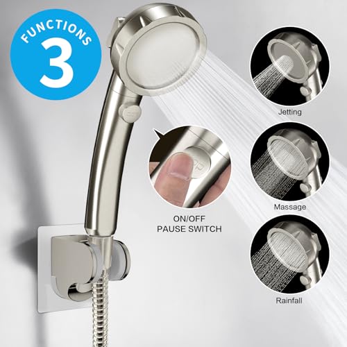 Drill-Free High Pressure Handheld Shower Head with ON/OFF Switch, 3 Spray Modes - Brushed Nickel | 3 Spray Modes with ON/OFF Switch, Detachable Dog Shower Attachment, Pet Shower Wand with Bracket & Hose, Brushed Nickel - color: Brushed Nickel