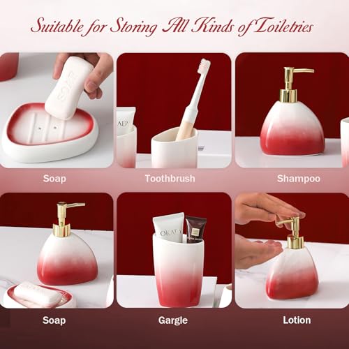 Bathroom Accessory Set, 4 Pcs White & Red Gradient Ceramic Bathroom Cabinet with Soap Dispenser Soap Dish Gargle Cup Toothbrush Holder, Fashion Bathroom Decor for Home Apartment Hotel (Red)