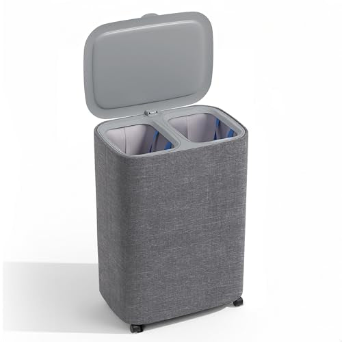 Dual Section 90L Laundry Basket with Wheels and Lid – Tall divided Double Laundry Hamper with 2 Removable Washable Bags, Large Laundry Sorter for Easy Clothes Separation