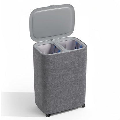 Dual Section 90L Laundry Basket with Wheels and Lid – Tall divided Double Laundry Hamper with 2 Removable Washable Bags, Large Laundry Sorter for Easy Clothes Separation