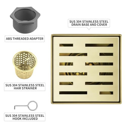Square Shower Drain 4 inch, Brushed Gold 304 Stainless Steel Floor Drain for Bathroom, Removable Tile Insert Grate Includes Hair Strainer - color: Brushed Gold