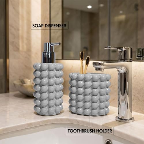 Better Trends 2-Piece Bathroom Accessory Set 400mL Refillable Soap Dispenser with Rustproof Pump 2-Slot Toothbrush for Vanity, Sink & Countertop Organization Gray Nova Collection - color: Gray