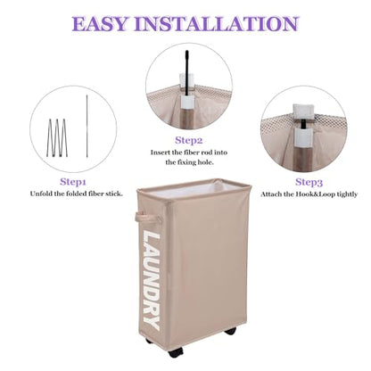 Slim Rolling Laundry Hamper with Wheels, 42L Collapsible Narrow Laundry Basket with Drawstring Mesh Cover, Foldable Dirty Clothes Organizer for Bathroom, Dorm, Small Spaces, Khaki - color: Khaki