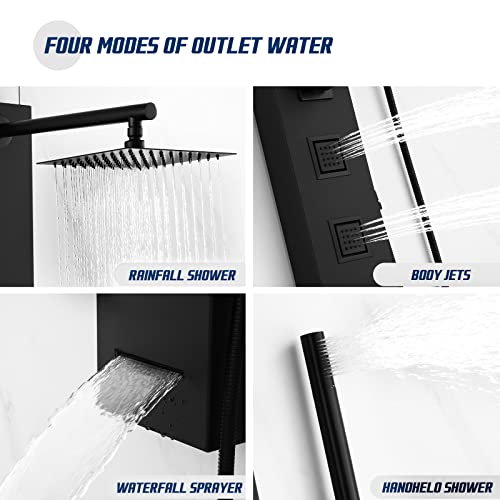 Achelous Square Rainfall Shower Head Panel System with Thermostatic,Stainless Steel High Pressure Turbo Body Jets Waterfall Shower Tower,Brass Handheld Wand in Matte Black - style: Square