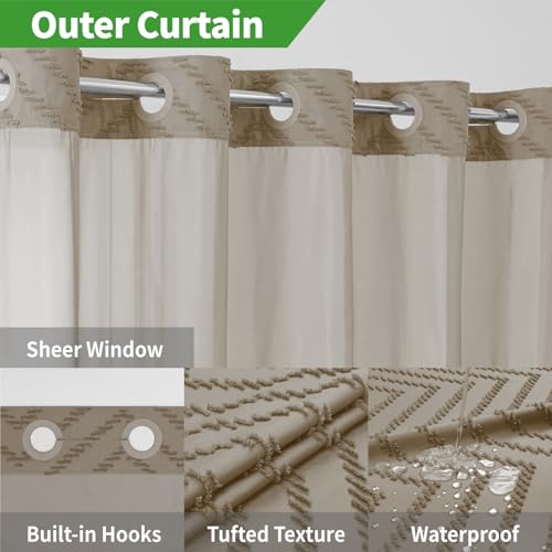 eachope No Hook Boho Farmhouse Shower Curtain with Snap-in Fabric Liner set-71Wx74H(72H),Beige Tufted Chevron Striped Hotel Grade Cloth Shower Curtains for Bathroom with Window,Water Repellent - color: Beige, size: 71"W x 74"L (Pack of 1)