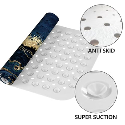LNOND Marble Bath Tub Mat Non Slip, Extra Long 40 X 16 Inch Anti Slip Mat for Bathtub, Blue Luxury Marble Shower Mat with Drain Holes and Suction Cups, Machine Washable - color: Green Gold Marble