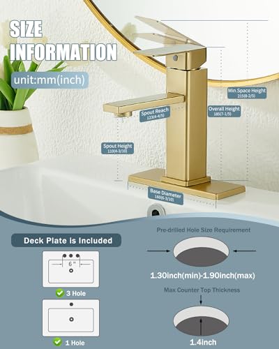 Bathroom Faucet, Brushed Gold Bathroom Sink Faucets & Parts(Pop-up Drain+6" Escutcheon Plate+Supply Hoses), Vanity Faucet for Vessel Sink, llaves para lavamanos de baño - color: 5.Brushed Gold(New), style: Short