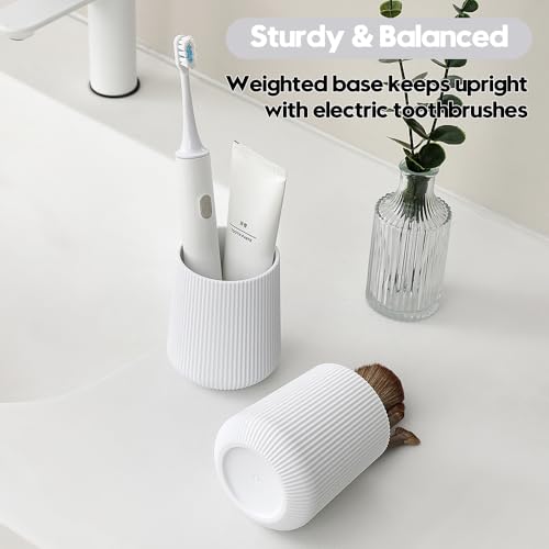 YAUKPH White Striped Toothbrush Holder | for Electric Toothbrushes Bathroom Organizer Cup for Toothpaste Kids & Adults - color: White Ribbed