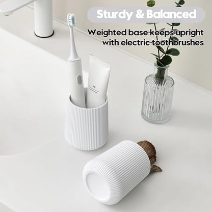 YAUKPH White Striped Toothbrush Holder | for Electric Toothbrushes Bathroom Organizer Cup for Toothpaste Kids & Adults - color: White Ribbed