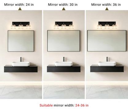 Black Bathroom Vanity Light Over Mirror, 3 Light Vanity Light Fixture with Clear Fluted Glass Shades, 18.3 Inch Wall Mount Bathroom Lighting Fixture, E26 Base