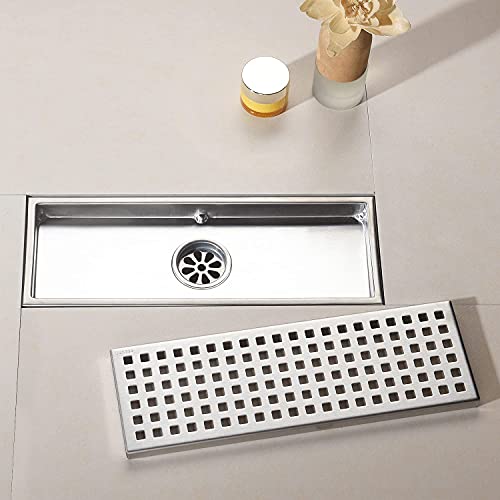 12 Inch Rectangular Shower Floor Drain, Detachable to Insert The Mesh Grille Cover, SUS304 Stainless Steel, Brushed Nickel - color: Brushed Nickel