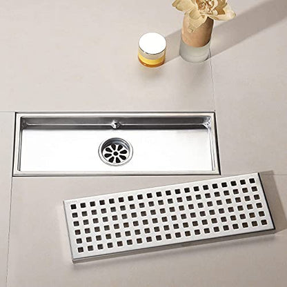 12 Inch Rectangular Shower Floor Drain, Detachable to Insert The Mesh Grille Cover, SUS304 Stainless Steel, Brushed Nickel - color: Brushed Nickel