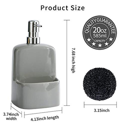 Dish Soap Dispenser - Kitchen Soap Dispenser with Sponge Holder Matte Ceramic Soap Daddy Dispenser 20oz for Kitchen (Grey) - color: Gray
