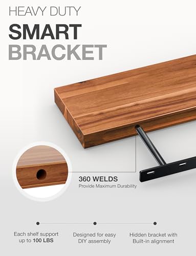 BATODA Wood Floating Shelves, Wall Mounted, 17" Set of 2, Hardware Included | Acacia Wood, 100LBs Capacity, Hidden Brackets, Easy DIY Assembly, Rustic Farmhouse Style, for Bathroom, Bedroom & Kitchen - color: Acacia, size: 17 Inch