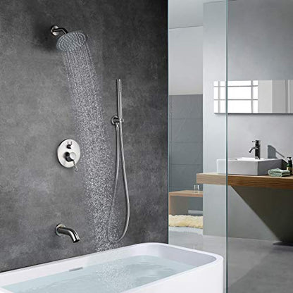 SUMERAIN Brushed Nickel Shower System with Waterfall Tub Spout | 8" Stainless Steel Rain Shower, Brass Handheld Shower, Brass Rough in Valve, Concealed Box Design - color: Brushed Nickel, size: 3 Function