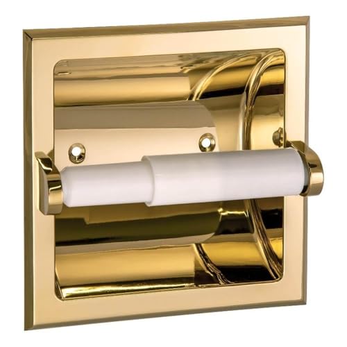 Bowery Hill Recessed Toilet Paper Holder, Polished Brass Finish, Zinc and Aluminum Construction, 6 in Dimensions, Includes Plastic Roller, Space-Saving Design for Bath or Powder Room