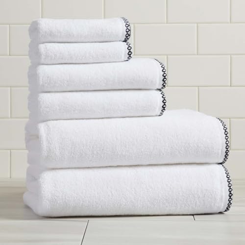 Great Bay Home Black/White Bath Towel Set - Ultra-Soft Cotton, Boho-Chic Border Design - 2 Bath Towels, 2 Hand Towels, 2 Washcloths - Absorbent, Quick-Dry, Lightweight Bathroom Towels - color: White / Black, size: Set (Pack of 6)