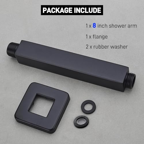 8 Inch Square Shower Arm with Flange, Straight Extension Arm for Ceiling Mount Rainfall Shower Head, Male NPT 1/2 to G 1/2 Inch, Matte Black - color: Matte Black, style: 8-Inch